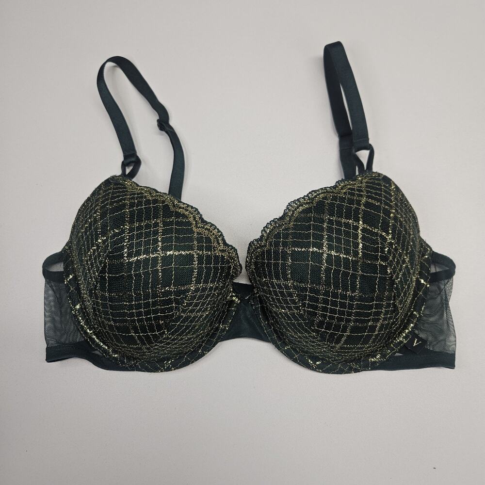 Victoria Secret Lined Demi Bra Green & Gold Lace Underwire Adjustable Strap 36C